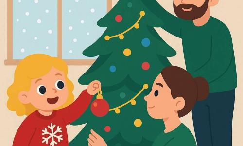 Ein zweijähriges Mädchen, Lilli, mit blonden Locken und großen, staunenden Augen, hängt eine glänzende rote Kugel an einen Weihnachtsbaum. Sie trägt einen roten Pullover mit Schneeflockenmuster und lächelt fröhlich. Neben ihr hilft ihre Mutter, eine etwa 30-jährige Frau mit braunen Haaren in einem Dutt, Lilli bei der Dekoration. Sie trägt einen grünen Pullover und schaut Lilli liebevoll an. Der Vater, ein etwa 32-jähriger Mann mit kurzem Bart und braunen Haaren, setzt einen goldenen Stern auf die Spitze des Baumes. Er steht auf einem kleinen Tritt neben dem Baum. Die Szene spielt sich in einem gemütlichen Wohnzimmer ab, mit einem großen Weihnachtsbaum, der mit Lichterketten und bunten Kugeln geschmückt ist. Draußen, durch das Fenster, sieht man dicke Schneeflocken sanft fallen.