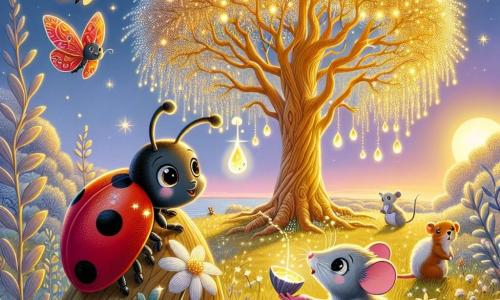 Una piccola coccinella di nome Lulu, con un brillante dorso rosso punteggiato di sette punti neri, esprime grande curiosità e meraviglia volando attorno a un maestoso albero dorato, le cui foglie brillano come stelle al sole. Accanto a lei, un piccolo topolino grigio di nome Tito, con grandi occhi scintillanti, osserva attentamente l'albero mentre tiene in mano una piccola conchiglia piena di rugiada magica, pronto a usarla per aiutare la sua amica. Sullo sfondo, un campo di fiori di luna scintillanti, dai petali argentati, si estende sotto un cielo pastello al crepuscolo, creando un'atmosfera incantata. La scena mostra Lulu e Tito mentre versano la rugiada sul tronco dell'albero dorato, sperando di ridargli vita e splendore, mentre altri amici animali, come uno scoiattolo peloso e una farfalla colorata, li osservano con speranza ed eccitazione.
