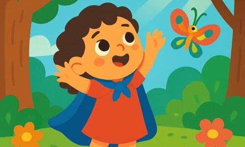 Una niña de 2 años, con cabello rizado y ojos brillantes, lleva zapatitos rojos y una capa azul. Sonríe maravillada y mira al cielo, levantando los brazos como si quisiera atrapar una estrella. A su lado, una mariposa de alas multicolores vuela alegremente, añadiendo un toque de magia a la escena. El lugar es un bosque encantado, con árboles de troncos gruesos y hojas verdes brillantes, donde flores de colores vivos florecen bajo un cielo azul radiante. Rayos de sol se filtran a través de las ramas, creando patrones luminosos en el suelo. La niña busca una estrella perdida en el cielo, rodeada de flores danzantes y mariposas curiosas, lista para vivir una gran aventura.