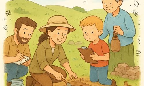 A smiling, focused female archaeologist with brown hair in a ponytail, a beige sun hat, khaki jacket and dusty boots kneels gently brushing a small pottery shard in a dig; nearby Ben, about 10, short blond hair, holds a clipboard and watches the shard with curious attention; Grandma Lina, about 65, gray hair in a bun, stands behind with a water bottle and a kindly look, ready to help; Sam, about 25 with light beard, kneels left writing labels and sealing bags. The site is a small grassy hill at morning with green waving grass, excavation squares marked by white string, a partially uncovered row of ancient stones and a pale blue sky with soft clouds. The scene is calm, simple tools (trowel, brushes, ruler), black-and-white photos and a notebook on a small wooden table, colorful style with soft lines, warm morning light, visible earth and fabric textures, centered composition with friendly doodle overlays (arrows, stars, handwritten notes).