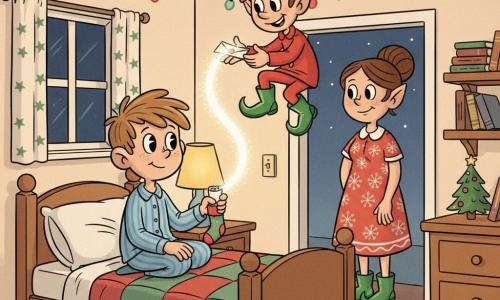 Tomás, menino de 10 anos, tímido e corajoso, olhos grandes, cabelo castanho claro despenteado, veste pijama listrado azul e branco e está sentado na cama de madeira com a mão sobre uma “salsicha” de papel (carta enrolada numa meia), olhando maravilhado para uma pequena luz; Baltazar, um pequeno duende de Natal magro e dinâmico, gorro vermelho torcido, botas verdes brilhantes e sorriso malicioso, paira junto à janela segurando a ponta luminosa da carta; a mãe de Tomás aparece no batente com coque e vestido caseiro com flocos, sorrindo discretamente; quarto acolhedor com paredes creme, guirlandas vermelhas e verdes, cortina de estrelas, colcha patchwork vermelha e verde e prateleira com livros e um mini pinheiro de papel; cena noturna mágica em que a carta para o Papai Noel se transforma num fio de luz nas mãos de Baltazar enquanto Tomás a entrega timidamente, iluminação quente de abajur, brilho das guirlandas, estilo cartoon retrô com linhas fluidas, cores saturadas, texturas de papel, expressões exageradas e poses dinâmicas.