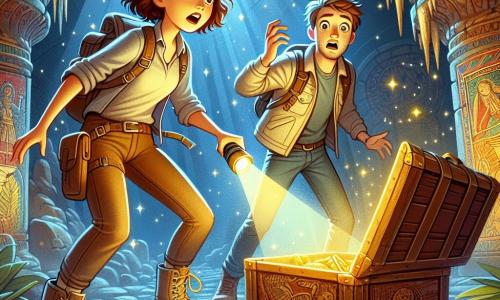 Amelia, a young woman with curly brown hair, wears a worn backpack and hiking boots. Her face shows determination mixed with excitement as she stands in front of an ancient wooden chest, uncovering forgotten treasures. Next to her, Liam, a boy with short blonde hair around 20 years old, watches in awe. He is dressed in a light jacket and holds a flashlight, illuminating the mysterious chest. Their exploration takes place in a vast underground chamber, with walls adorned with ancient frescoes and colorful mosaics. Stalactites sparkle from the ceiling, and shadows dance around them, creating a magical and intriguing atmosphere. The main scene depicts Amelia and Liam discovering the chest filled with ancient artifacts, symbolizing their courage and adventurous spirit in a hidden world beneath the city.