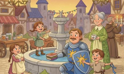 Sir Cedric, a smiling, kind middle-aged knight with a round face and thin mustache in shiny chainmail and a blue tunic bearing a golden sun on his shield, kneels slightly offering a stack of small illustrated books with his right hand extended toward children; Tilly, a 5-year-old page with chestnut pigtails and muddy boots in a practical dress, stands on a small wooden cart behind the horse holding a box of candles and proudly showing the books; a freckled 7-year-old boy in a simple coat runs toward Sir Cedric with arms open, holding a handmade blue ribbon; an 8-year-old girl clutches a large cream wool blanket, standing slightly left of Sir Cedric with wide-eyed wonder; Healer Hazel, a silver-haired woman around 60 in a green leaf-patterned dress, stands by a table of scented herb jars offering a cup of warm tisane; an adult monk in a brown robe lights tall candles on candelabras in the background right, their glow adding soft light. The scene is the village square at late afternoon around a round stone fountain, with pale cobbles, wattle-and-daub houses, a low castle with blue pennants, colorful garlands and lanterns, and a few muddy puddles by the cart. The main action is a joyful gift distribution for the 