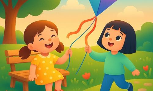 Two 3-year-old girls: Mia with brown pigtails in a yellow polka-dot dress and red shoes on a small wooden bench at left holding half a kite with a big smile; Noor with a straight black bob, mint-green sweater and blue pants standing at right holding the other kite string and looking up in wonder. Bright spring garden with carpet-like green grass, red tulips and white daisies by a stone path, a light wooden bench, a checkered blanket, a large oak at left and a blue sky with fluffy clouds. Main scene: they run side by side holding a kite soaring in a gentle breeze, joyful faces, flowing dresses and ribbons, warm golden sunset light, long shadows, simple clear shapes and a vivid high-contrast palette for toddlers.