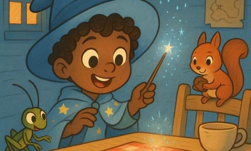 The main character is a small, curious boy wizard wearing a soft blue hat and starry cape, with curly brown hair and wide amazed eyes; he waves a sparkling wand and smiles at a tiny animated crumb. A laughing green cricket with twitching antennae sits on the wooden table near a teacup, a red squirrel holding a hazelnut perches on a chair back watching the crumb, and a fluffy miniature white cloud floats above sprinkling blue sparks. The crumb is tiny, round, and cheerful, hopping on a red-checkered napkin. The cozy blue house interior has a light wooden table, a teacup, a drawn map on the wall and golden light through the window; the scene shows the wizard playfully recalling the missing crumb with a spell while his animal friends gather, creating a gentle, enchanted atmosphere.