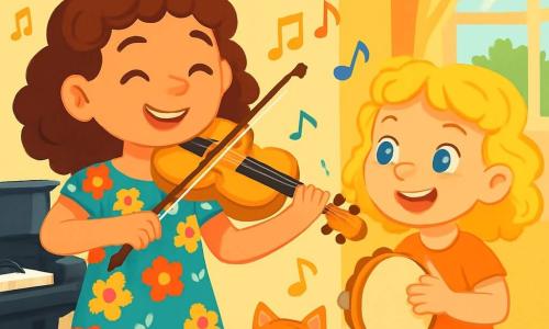 Sophie, a young girl with curly brown hair, radiates joy with a big smile on her face. She wears a colorful floral dress and plays her golden violin passionately. Next to her is Mia, a 7-year-old girl with frizzy blonde hair, enthusiastically shaking a tambourine, her eyes shining with excitement. They are in a bright room filled with vibrant colors, featuring a shiny black piano, walls decorated with musical notes, and sunlight streaming through the windows. The scene shows Sophie and Mia playing together, creating a joyful melody that makes the notes dance around them, while their cat, Whiskers, watches curiously from a fluffy cushion.