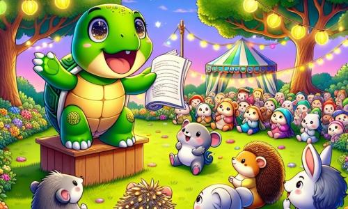 A joyful turtle with a bright green shell and sparkling mischievous eyes stands at the center of the scene, a wide smile on its face. It is telling a story, its front legs raised to animate its words. Next to it, a small hedgehog with golden spines listens attentively, its round eyes fixed on the turtle. A little further away, a group of small animals, including a gray mouse and a rabbit with large white ears, gathers around them, laughing and clapping. The setting is an outdoor theater surrounded by vibrant trees and colorful lanterns shimmering in the soft evening light. The ground is covered with green grass and multicolored flowers, adding a touch of magic to the atmosphere. The enthusiastic turtle leads everyone into a joyful adventure, where laughter and applause resonate, creating a festive and warm ambiance.