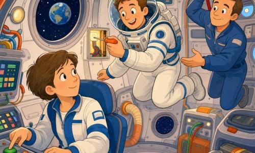 Een glimlachende, rustige mannelijke astronaut met zichtbaar gezicht achter een doorzichtige vizier, in een witte ruimtepak met blauwe strepen, zwevend in een ronde cabine en een kleine oranje schroevendraaier bij een verlicht paneel houdend; een geconcentreerde vrouwelijke ingenieur van circa 35 jaar met kort haar zit voor een kleurrijk bedieningspaneel en drukt op een grote groene knop links terwijl ze naar de astronaut kijkt; een kalme mannelijke collega van circa 40 jaar hangt met een rode band aan het plafond rechtsachter en reikt hulp; interieur van het ruimteschip is rond met witte en grijze wanden, ronde raampjes, gekleurde kabels en labels, zachte sfeerverlichting; scène van rustige, collaboratieve reparatie, geruststellende sfeer, warme kleuren, duidelijke expressies en vriendelijke gebaren.