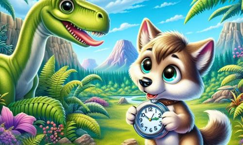 Wally, a small wolf with soft, silky fur and curious, bright eyes, stands at the center of the image, holding a sparkling round clock in his front paws. He has an expression of wonder and excitement, ready to explore a new world. Next to him is Dino, a large herbivorous dinosaur with a long neck and green skin, wearing a friendly smile and kind, twinkling eyes. He leans slightly towards Wally, as if encouraging him to press the button on the clock. The background is a lush prehistoric forest filled with giant ferns and colorful flowers, with distant mountains under a bright blue sky. Pterodactyls gracefully fly above them, adding a touch of magic to the scene. The main situation shows Wally, full of enthusiasm, ready to activate the mysterious clock to travel through time, while Dino watches him kindly, surrounded by the beauty of prehistoric nature.