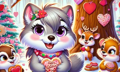 In the center of the image, Willow, a small wolf with soft gray fur and a bright smile, stands joyfully under a large oak tree decorated with paper hearts and flower garlands. Her eyes sparkle with excitement as she holds a colorful Valentine's Day card in her paws. To her right, Benny, a beaver with shining white teeth and brown fur, laughs while holding a heart-shaped cookie, his eyes twinkling with happiness. To her left, Daisy, a gentle doe with golden fur and white spots, smiles as she decorates another cookie with colorful sprinkles, her ears perked up with enthusiasm. The setting is filled with sparkling snow, cheerful little animals, and festive decorations, with heart-shaped balloons floating in the air. The scene exudes a warm and festive atmosphere, illustrating a joyful gathering of friends celebrating Valentine's Day together.