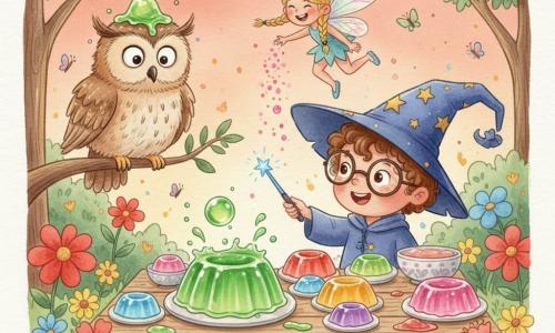 A delighted 3-year-old apprentice wizard boy with bouncing curly brown hair, big round glasses slipping on his nose and an oversized pointed hat drooping over his eyes, holds a small sparkly blue wand aimed at a large bowl of green jelly; Professor Hoots, an old beige-and-brown ruffled owl perched to the left, has surprised round eyes and a big splat of green jelly on his head looking comically indignant; Twinkle, a small fairy with iridescent wings and braided blonde hair, laughs and flutters above the rustic table casting pink sparks; in a magical garden of tender green grass, oversaturated red, yellow and blue flowers, string lights, butterflies and fireflies under a salmon sunset, colorful bowls of jelly bounce and splash in a chaotic joyful jelly party with droplets and splashes everywhere.