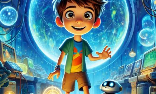 Um garoto de 10 anos, Léo, com cabelos castanhos bagunçados e um grande sorriso, está diante de uma imensa esfera luminosa que pulsa com energia. Ele usa uma camiseta colorida e um short, e seus olhos brilham de excitação enquanto explora um laboratório futurista. Ao seu lado, um pequeno robô esférico chamado Zippy, com olhos luminosos e uma superfície prateada, flutua alegremente, pronto para ajudá-lo em suas aventuras. Mais adiante, outro robô, Tico, com uma aparência ligeiramente desgastada, observa-os com curiosidade, com os bracinhos estendidos em direção a Léo. O local é uma sala futurista repleta de máquinas brilhantes e painéis holográficos, onde luzes azuis e verdes dançam ao redor, criando uma atmosfera mágica. A cena principal mostra Léo, Zippy e Tico descobrindo o misterioso laboratório, enquanto se preparam para ativar a esfera de energia e restaurar a cidade de Lumiville.