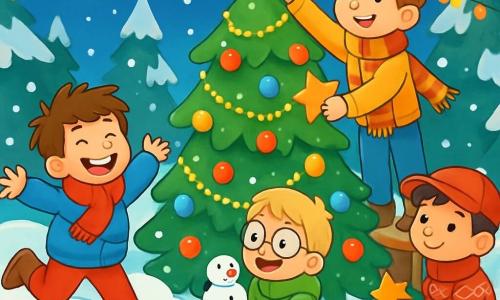 Es gibt vier Kinder: Emil, ein 9-jähriger Junge mit zerzausten braunen Haaren, trägt einen leuchtend roten Schal und einen blauen Mantel. Er springt in einen Schneehaufen und lacht laut. Jonas, ein 8-jähriger Junge mit blonden Haaren und runden Brillen, trägt eine grüne Daunenjacke und hält einen kleinen Schneemann in seinen Händen, lächelnd mit Staunen. Ben, ein 9-jähriger Junge mit schwarzen Haaren und einer roten Mütze, trägt einen Pullover mit Schneeflockenmuster. Er hockt sich und sammelt Papiersterne, um den Weihnachtsbaum zu dekorieren. Lukas, ein 10-jähriger Junge mit kastanienbraunen Haaren und einem großen gestreiften Schal, steht auf einer kleinen Kiste, um einen goldenen Stern an die Spitze eines großen Weihnachtsbaums zu hängen. Der Ort ist eine wunderschöne verschneite Lichtung, umgeben von großen, schneebedeckten Tannen. Bunte Lichtergirlanden erhellen die Szene und schaffen eine magische Atmosphäre. Der Himmel ist tiefblau, mit sanft fallenden Schneeflocken. In der Mitte steht ein großer Weihnachtsbaum, geschmückt mit glänzenden Kugeln und funkelnden Girlanden. Die Hauptsituation zeigt die vier Freunde, die gemeinsam den Weihnachtsbaum dekorieren, lachen und Spaß haben, mit Sternen und Girlanden in den Händen, während das Licht der Dekorationen ihre fröhlichen Gesichter erhellt.