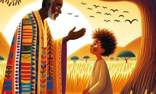 Een wijze man, Kofi, staat onder een enorme baobab, zijn gezicht straalt wijsheid en vriendelijkheid uit. Hij heeft een warme bruine huid, krullend haar en een lange kleurrijke tuniek versierd met levendige Afrikaanse patronen. Kofi glimlacht zachtjes, zijn ogen fonkelen van intelligentie, terwijl hij zijn hand uitsteekt naar een jonge jongen, Amadou, die aandachtig luistert. Amadou, een tienjarig jongetje, heeft glanzende nieuwsgierige ogen en krullend haar. Hij draagt een eenvoudige tuniek en staat dicht bij Kofi, met samengevoegde handen, terwijl hij elk woord van zijn mentor opneemt. De achtergrond is een gouden savanne, verlicht door het warme licht van de ondergang, met hoge grassprieten die zachtjes in de wind golven. In de verte zorgen de silhouetten van bomen en bergtoppen voor diepte in de scène. Kofi legt Amadou de betekenis van de rivier uit, terwijl kleurrijke vogels boven hen vliegen, wat een vleugje magie toevoegt aan dit moment van delen en ontdekken.