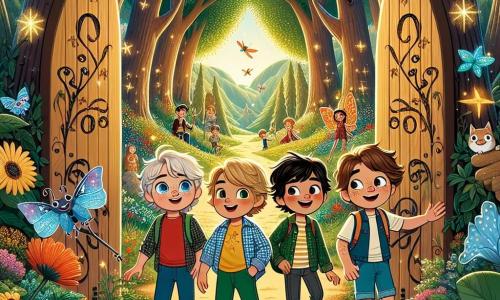 Vier jongens van zes jaar staan samen in het midden van het podium. Finn, met blond haar en sprankelende ogen, draagt een rood t-shirt en een blauwe short. Max, met bruin haar en ronde bril, is gekleed in een geruite blouse en groene broek. Sam, met wild zwart haar en een ondeugende glimlach, draagt een gele t-shirt en een oranje short. Tenslotte is Joris, met kastanjebruin haar en sproeten, gekleed in een blauwe hoodie en een spijkerbroek. Ze staan voor een grote houten deur versierd met sterpatronen, omringd door lianen en kleurrijke bloemen. De locatie is een prachtig betoverd bosje met majestueuze bomen en glinsterende bladeren in het zonlicht. Multicolore bloemen groeien om hen heen, en magische wezens zoals feeën en vuurvliegjes vliegen in de lucht, wat een vleugje magie aan de omgeving toevoegt. De hoofdscène toont de vier vrienden, verwonderd, terwijl ze de mysterieuze deur openen met een kleine gouden sleutel. Hun gezichten tonen opwinding en anticipatie voor een nieuw avontuur, terwijl een stralend licht uit de deur ontsnapt en het bosje om hen heen verlicht.