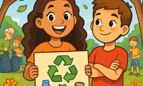 Ein 12-jähriges Mädchen namens Mia mit langen lockigen Haaren und einem strahlenden Lächeln steht im Zentrum des Bildes, ihre Augen leuchten vor Aufregung, während sie ein großes, buntes Plakat mit Recycling-Symbolen hält. Neben ihr steht ihr Freund Max, ein 12-jähriger Junge mit kurzen, braunen Haaren, der das Plakat bewundernd betrachtet, die Arme verschränkt und stolz lächelt. Die Kulisse ist ein grüner Park mit majestätischen Bäumen und bunten Blumen. Gruppen von Nachbarn, Kindern und Erwachsenen versammeln sich um sie, einige halten Müllsäcke, andere Plastikbecher, alle engagiert in einer Reinigungsaktion. Die Hauptszene zeigt Mia und Max, die die Teilnehmer ermutigen, den Müll zu trennen, während ein sanfter Wind die Blätter um sie wehen lässt und eine fröhliche, dynamische Atmosphäre schafft.