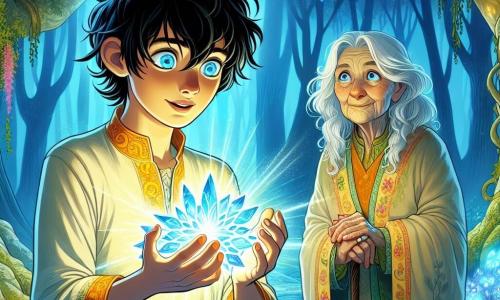 A 12-year-old boy, Eli, stands in the center of an enchanted clearing, his face lit with excitement and determination. He has messy black hair, bright blue eyes sparkling with curiosity, and wears a light tunic in vibrant colors adorned with magical symbols. In his hands, he holds a shining crystal emitting a brilliant light that illuminates his face. Beside him, a wise old woman, about 70 years old, with silver hair and wrinkled skin, watches with admiration. She wears a natural fabric dress decorated with floral patterns and stands slightly back, her hands crossed in front of her, as if to protect the ancient knowledge she holds. In the background, majestic trees with thick trunks and shimmering leaves frame the scene, while colorful flowers and glowing vines add a touch of magic to the environment. The sky is a deep blue, dotted with bright stars that seem to dance around the clearing. The main scene shows Eli, determined and brave, ready to face the darkness threatening his world, while the old woman encourages him with a wise gaze, symbolizing the union between magic and science in their quest to restore balance.
