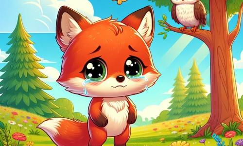 An illustration depicts a small bright red fox with big sad eyes and a bushy tail gently resting on the ground. It stands in a sunny meadow, ears slightly lowered, looking up at the sky with a melancholic expression. Nearby, a wise owl with brown and white feathers perches on a tree branch, its large round eyes expressing compassion as it watches the fox kindly, ready to offer comforting words. The main setting is a lush green meadow dotted with colorful flowers swaying in the wind. In the background, majestic trees rise towards the blue sky, creating a peaceful atmosphere. The main scene shows the fox remembering its lost friend, tears in its eyes, as it recalls the joyful moments they shared. Additional graphic elements include butterflies floating around the fox, symbolizing happy memories, and rays of sunlight filtering through the leaves, adding warmth and hope to the scene.