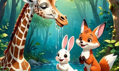 Eine große rotbraune gefleckte Giraffe mit langem Hals und sanftem Blick hält fürsorglich ein kleines durchnässtes weißes Kaninchen zwischen den Zähnen und setzt es am Ufer ab; das erleichterte Kaninchen mit rosa Ohren sitzt neben ihr, während ein schelmisch-aufmerksamer roter Fuchs auf einem Felsen etwas zurückhaltend applaudiert; die Szene spielt an einem glitzernden Bach mit klarer, goldlichtdurchsetzter Wasseroberfläche, glatten Kieseln, smaragdgrünen Gräsern, bunten Wildblumen und einer knorrigen Eiche im Hintergrund, abendlich warm und rosig beleuchtet in stilisierter Art-déco-Ästhetik mit klaren Linien und sanften geometrischen Mustern, Atmosphäre freundlich und hilfsbereit.