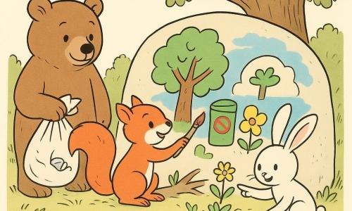 A lively red squirrel smiles determinedly as it paints a large colorful mural on a flat stone by a sparkling stream; a gentle brown bear stands left, carefully collecting paper and plastic in a bag; a joyful white rabbit with long ears plants flowers in front of the stone with small trowels and pots nearby; a shy but proud gray hedgehog sits by the oak roots, pointing to a drawn bee on the mural; the scene is a wooded clearing with a broad-branched oak, tufts of grass, fallen leaves, and a smooth stone used as the mural wall, where the animals clean the stream bank and collaboratively paint eco-friendly actions like flowers, a crossed-out trash can, and a newly planted tree.
