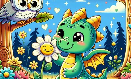 Un piccolo drago dalle squame verdi e brillanti, con piccole ali e grandi occhi espressivi, sorride gioiosamente mentre aiuta un fiore triste a sbocciare. Il drago, pieno di dolcezza, soffia delicatamente sul fiore, facendolo brillare di colori vivaci. Nelle vicinanze, un vecchio gufo saggio, con piume grigie e occhiali rotondi, osserva la scena con un sorriso benevolo, seduto su un ramo d'albero, i suoi occhi scintillanti di saggezza e orgoglio. Il luogo è una radura incantata, circondata da alberi dai tronchi dorati e fiori multicolori che danzano al vento, sotto un cielo blu splendente punteggiato di nuvole a forma di caramelle. La situazione principale mostra il piccolo drago che scopre la gioia di aiutare gli altri, mentre il fiore, grazie al suo soffio magico, inizia a sbocciare, illuminando la radura con la sua bellezza ritrovata.