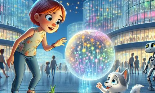 Un piccolo lupo dal pelo grigio argenteo, di nome Lino, si trova al centro di una grande piazza futuristica, con gli occhi brillanti di eccitazione e curiosità. Osserva una enorme sfera di vetro scintillante che emette luci colorate, mentre alza una zampa per toccare il vetro con meraviglia. Accanto a lui, Maya, una giovane ragazza dai capelli ramati, sorride con uno sguardo determinato. Indossa un vestito leggero con motivi floreali e tiene un piccolo taccuino da disegno, pronta a catturare questo momento magico. Un robot giardiniere, con braccia articolate e una testa rotonda, si china per annaffiare una pianta luminosa, mostrando un'espressione gioiosa sul suo schermo. La scena si svolge nella città di Nuova Aurora, dove edifici in vetro trasparente si ergono come cristalli e tram fluttuanti scorrono silenziosamente sopra la piazza, illuminati da lanterne colorate. Il cielo è di un blu profondo, punteggiato di stelle scintillanti. Lino, Maya e il robot giardiniere si riuniscono attorno al Cuore di Luce, la grande sfera che ha perso il suo splendore. Uniscono le loro voci e i loro gesti per ravvivare la luce della città, creando un'atmosfera di magia e camaraderie.