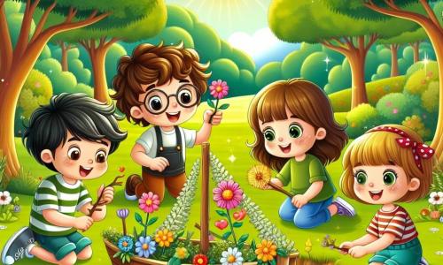 In un incantevole boschetto soleggiato, quattro bambini sono riuniti attorno a una piccola barca fatta di rami e fiori. Marco, un ragazzo di sette anni con i capelli ricci e castani e occhiali tondi, sorride tenendo un rametto decorativo. Alla sua destra, Anna, una ragazza dai capelli biondi e con lentiggini, si illumina tenendo un bel sasso colorato. A sinistra, Tommaso, un ragazzo dai capelli castani e con occhi scintillanti, si inclina in avanti, curioso di vedere la barca galleggiare. Infine, Giulia, una ragazza dai lunghi capelli neri, ride mentre aggiunge fiori alla barca, seduta sull'erba verde. Il luogo è un boschetto verdeggiante, pieno di alberi maestosi con foglie lucenti, e un ruscello cristallino che serpeggia tra il terreno coperto di fiori selvatici colorati. Il sole brilla tra i rami, creando riflessi di luce nell'aria fresca. La scena principale mostra i bambini, uniti nella gioia, mentre fanno galleggiare la loro barca decorata sul ruscello, simboleggiando la loro amicizia e creatività, mentre ridono insieme, godendosi questa bella giornata estiva.