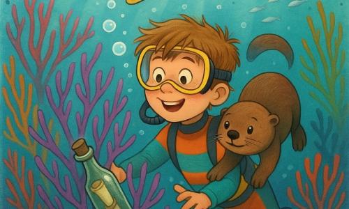 An 8-year-old boy with a round freckled face and tousled light brown hair, amazed and smiling in a colorful wetsuit, reaches toward a shimmering bottle caught in the branches of a purple gorgonian; a small plump sea otter named Nibble with glossy brown fur and mischievous eyes floats beside him, touching him gently with a paw; a long slender yellow-and-blue trumpetfish called Finley circles above like a playful guide; they are surrounded by a waving underwater forest of red, purple, gold, and blue gorgonians, turquoise light rays, shimmering silver fish, rising bubbles, dancing seaweed, textured corals and sandy seabed, capturing the joyful moment of discovery as they find a bottle with a message.