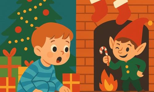 A 4-year-old boy with short light brown hair, a round face and rosy cheeks looks amazed with wide eyes and parted lips, crouched on a plush cream rug in blue-striped pajamas and fuzzy slippers following small sparkling footprints; a small mischievous elf boy wearing a red pointed hat with a gold bell and a green jacket appears by Christmas stockings hanging on a brick fireplace, winking and holding a peppermint candy; an adult male orange-and-white tabby cat lies by the Christmas tree with its tail curled, watching curiously; the cozy, bright living room features a large decorated tree with garlands, red baubles and twinkling lights, stacked colorful gifts, and the overall atmosphere is magical and joyful as the boy discovers the glittery tracks while the elf plays a cheerful prank.