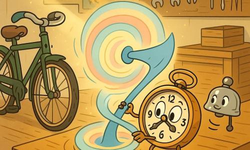 Een kleine antropomorfe mechanische wekker (hoofdpersoon), rond, glanzend messing, wijzerplaat-ogen en kleine wijzertjes als handen, verwonderde nieuwsgierige blik, hij draait energiek aan een grote blauwe wijzer. Een oude pratende fiets (bijpersonage), donkergroen stalen frame, gebarsten leren zadel, vriendelijke glimlach, staat links van de wekker, rustig maar oplettend. Een oude chromen bel (bijpersonage), klein, met samengeknepen vriendelijke ogen, hangt rechts op de voorgrond en klingelt zacht. Jaren 1950-atelier: gepatineerde houten werkbank, gereedschap aan de muur, goudkleurig stof in een zonnestraal, vintage reclameposters en kratten. Situatie: de wekker activeert zijn tijdreismachine midden in het atelier, pastelkleurige draaiende lichtkring, warme magische sfeer, duidelijke kindvriendelijke compositie.