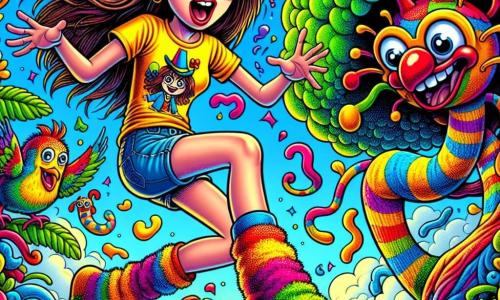 Una niña de 10 años, con largos cabellos castaños y gafas redondas, se encuentra en el centro de la imagen, con los ojos muy abiertos de sorpresa y una gran sonrisa en el rostro. Lleva una camiseta amarilla brillante con un gato divertido y un short de mezclilla. A sus pies, dos calcetines coloridos, uno rojo y otro azul, con caras sonrientes, saltan alegremente a su alrededor. A la izquierda, un loro de plumas multicolores y un pequeño sombrero divertido se acerca a ella, con las alas extendidas, listo para contar un chiste. A la derecha, un árbol con ramas en forma de nariz de payaso, con hojas verdes brillantes, parece reír con ellos, sus raíces ondulando como serpientes. El decorado es un mundo fantástico lleno de colores vivos: el cielo es de un azul brillante, salpicado de nubes en forma de caramelos, y el suelo está cubierto de flores gigantes con pétalos brillantes. La situación principal muestra a la niña y los calcetines saltando de alegría, rodeados de risas y colores, mientras descubren juntos este mundo divertido y extravagante, listos para vivir aventuras hilarantes.