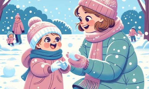 Een klein meisje van 1 jaar met grote, glanzende ogen en een stralende glimlach draagt een dikke roze overall en een mooie blauwe sjaal. Ze maakt een sneeuwbal, terwijl haar kleine handen in de verse sneeuw duiken, met een uitdrukking van vreugde en verwondering op haar gezicht. Naast haar kijkt haar moeder, een vrouw van ongeveer 30 jaar met kastanjebruin haar en een wollen muts, haar teder aan. Ze draagt een groene donsjack en staat iets gebogen, klaar om haar een sneeuwbal toe te werpen. De locatie is een winterpark, bedekt met een dikke laag glinsterende sneeuw, met bomen waarvan de takken vol sneeuw hangen. De lucht is helderblauw met pluizige witte wolken. De belangrijkste situatie toont het meisje en haar moeder die samen spelen, lachend terwijl ze sneeuwballen naar elkaar gooien in een betoverend decor, wat een vrolijke en warme sfeer creëert in het hart van de winter.