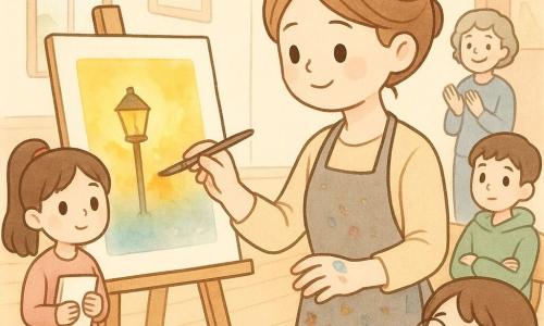 O artistă de vreo treizeci de ani, păr castaniu deschis prins lejer, cu pete de vopsea pe degete și pe un șorț gri, privire concentrată și caldă, pictează acuarelă pe o coală mare pe șevalet, zâmbet ușor, mișcări delicate; în stânga ei stă o fetiță de circa 10 ani, Daria, coadă de cal brună, ochi mari curioși, ținând un mic carnet de desen la piept; în spate, dreapta, un adolescent de ~14 ani cu hanorac verde stă pe scaun, brațele încrucișate dar interesat; în prim-plan, dreapta, o fetiță de ~8 ani cu ochelari rotunzi e aplecată, ridicând mâna ca să întrebe; doamna Cernat, organizatoarea de ~50 de ani cu păr scurt gri și zâmbet binevoitor, aplaudă ușor lângă intrare; sala e mare, centru cultural, ferestre înalte cu lumină blândă, parchet lucios, pereți crem cu câteva afişe și tablouri, masă cu paletă colorată, borcane cu apă și pensule; scenă principală: demonstrație intimă de acuarelă — artista transformă o pată galbenă într-o lumină de felinar cu gesturi precise, copiii sunt captivați, atmosferă caldă și curiosă; stil vizual: linii simple și rotunde, culori pastel, umbre minime, texturi de acuarelă vizibile, expersiuni clare, compoziție centrată pe artistă și foaia luminoasă.