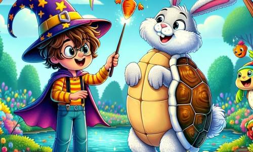 An 8-year-old boy, Oliver, with messy brown hair and an oversized wizard hat, stands at the center of the image, his face lit up by a delighted smile. He holds a magic wand that resembles a rubber chicken, ready to cast a fun spell. Next to him, Sir Fluffington, a large fluffy white rabbit, wears a stylish top hat. He juggles carrots while laughing, slightly stepping back with a paw raised to catch a falling carrot. In the background, Tilly, the Turtlerainbow, emerges from a sparkling pond, her back covered with a colorful shell that shines brightly in the sun. She smiles joyfully, surrounded by vibrant flowers dancing in the wind. The setting is an enchanted forest with multicolored tree trunks that seem to whisper secrets, and a blue sky dotted with fluffy clouds. The main scene shows Oliver, looking determined and happy, trying to cast a spell to create a rainbow, while a shower of colorful confetti falls around him, filling the air with magic and laughter.