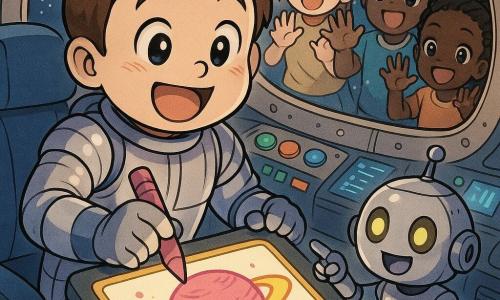 A man named Sam, round smiling face, short brown hair and bright eyes, wears a silver spacesuit with blue stripes, joyful and amazed, holding a pink pencil as he draws a large pink planet with yellow rings on a glowing tablet; a small robot named Sparky, compact metallic body with yellow LED eyes, beeps and smiles to Sam's right on the dashboard, pointing at the screen with an articulated arm; in the background three children (two girls and a boy, about six) press their hands to a porthole, faces wide-eyed; the setting is a round spaceship cockpit with large portholes showing a starry sky, colorful green, red and blue buttons, flickering screens and a blue upholstered chair; Sam and Sparky are mapping new space, soft lights and a warm atmosphere.