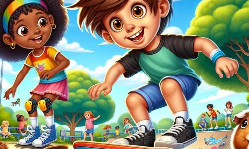 Um garoto de 10 anos, com cabelo castanho bagunçado e grandes olhos curiosos, está deslizando em um skate colorido em um parque ensolarado. Seu rosto expressa intensa alegria e concentração enquanto tenta realizar uma pequena manobra. Ao seu lado, uma garota de 10 anos, com cabelo cacheado e negro, sorri entusiasticamente, incentivando seu amigo. Ela usa uma camiseta colorida e joelheiras, pronta para mostrar suas próprias habilidades no skate. Um travesso porquinho-da-índia, com olhos brilhantes e orelhas longas, observa de lado, com um ar travesso, pronto para dar conselhos. O lugar é um parque verdejante, cheio de árvores majestosas, flores coloridas e uma grande área de skate, onde outras crianças se divertem. O céu é azul, com algumas nuvens brancas, criando uma atmosfera alegre e dinâmica. A cena principal mostra o garoto tentando uma manobra ousada no skate, enquanto a garota o incentiva com gestos entusiasmados e o porquinho-da-índia observa com um olhar cúmplice, todos unidos no espírito de aventura e amizade.