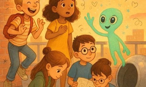 Five characters: Maya, 10, tan skin, curly brown hair, yellow dress and sneakers, standing center-left on the rooftop with a hand on her chest, amazed at the alien; Ben, 10, short brown hair, round glasses, blue T-shirt, seated to Maya’s right holding an open notebook and showing a page; Ellie, 9, long straight hair in a half-bun, green sweatshirt, crouched in front of a silver sphere, drawing a word in the notebook; Sam, 11, messy blond hair, big smile, red backpack, foreground left, tiptoeing as if imitating an alien dance; and Zorp, a small mint-green glowing alien with three large bright eyes, slightly iridescent skin, three fingers per hand, floating right of the group, waving and smiling with tiny sparks. Location: an urban rooftop at late afternoon with warm worn tiles, potted plants, an old metal antenna, a golden sky with pink clouds and partial views of nearby roofs and a streetlamp; visible textures include rough brick, reflective metal and crumpled notebook paper. Main scene: the four children meet a friendly alien beside a partially opened silver landing sphere; warm, curious mood with golden light on faces, the notebook open showing the words Earth / Luma and small doodled waving hands, expressions of wonder and laughter, centered dynamic composition, vivid contrasting colors, soft lines and slightly sketchy outlines.