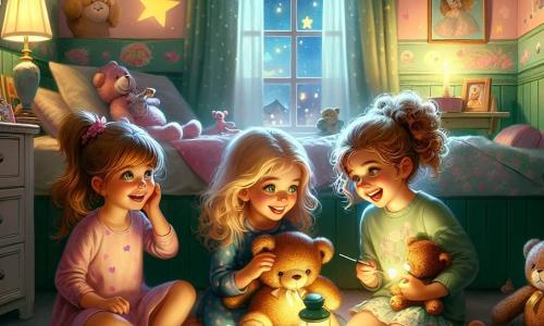 In a cozy room, three little girls are gathered. Mia, a 7-year-old with brown hair and sparkling eyes, sits on her bed holding a lit flashlight that illuminates her smiling face. Next to her, Ella, a 6-year-old with blonde hair in pigtails, gazes in wonder at her teddy bear, lit by the soft light of the lamp. Finally, Zoe, a 5-year-old with curly hair and green eyes, lies on the carpet, laughing as she plays with her doll, also lit by the lamp. The room is decorated with pastel walls, painted stars and clouds, and toys scattered on the floor. A window reveals a starry sky, adding a touch of magic to the atmosphere. The main scene shows the three girls discovering that the night is not so scary thanks to the light from their lamps, creating an atmosphere of camaraderie and joy. Shadows dance around them, but they feel safe and happy, proving that light can chase away fears.