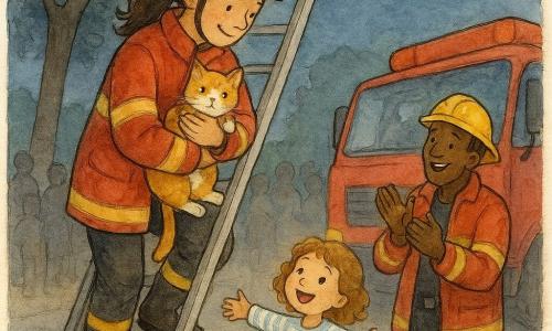 A female firefighter with a gentle focused smile descends a tall metal ladder holding a small ginger-and-white cat against her chest; she wears a shiny yellow helmet, red turnout jacket with reflective stripes, muddy black boots and a ponytail. A four-year-old girl, Lily, in striped pajamas with bright eyes and open arms waits at the bottom in front of the red fire truck while an adult firefighter, helmet in hand and jacket open, applauds beside the truck. The scene is at twilight on a quiet street with a large leafy tree, paved sidewalk, visible moon and stars in an indigo sky; blurred neighbors applaud in the background and soft lighting with watercolor-like sparks suggests a tender rescue atmosphere.
