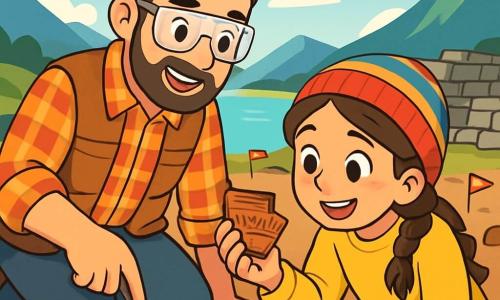 Dr. Tomás Quispe is bent over brown soil, his face focused and joyful, wearing safety glasses and a neatly trimmed beard. He is dressed in a plaid flannel shirt and a work vest, holding a small trowel in his hand. Next to him, a young girl, Amaya, about 12 years old with braided brown hair and a colorful hat, is attentively observing a small piece of pottery she has found, her eyes shining with excitement. They are at an archaeological site by a sparkling lake, surrounded by majestic mountains and ancient stone walls, with flags marking different excavation areas. The scene takes place under a clear blue sky with soft clouds lazily floating by. Dr. Tomás and Amaya are discovering ancient objects buried in the ground, seeking clues about the lives of the people who lived here, while birds sing joyfully above them.