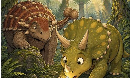 Młody, zaokrąglony triceratops Trójrożek o wyrazistej twarzy i dużych ciekawskich oczach, z błyszczącymi rogami i oliwkowo-zieloną skórą w żółte plamki, pochyla się, wąchając przednim rogiem mały błyszczący kamyk w kształcie łzy, zafascynowany i nieco niepewny; za nim po lewej stoi Pancerka, stara i masywna ankylozaurica z rdzawo-brązową, prążkowaną pancerzem i maczugowatym ogonem, o życzliwym spojrzeniu i łapie opartą o kamień; bez ludzi; podłoże porośnięte dużymi zielonymi paprociami, miękkim mchem i mokrymi kamieniami, w tle mszyste pnie i wysokie cykasy, lekka mgiełka i złote promienie słońca przebijające się przez liście; scena przedstawia odkrycie świecącego kamyczka, którego światło oświetla pysk Trójrożka i rzuca delikatne refleksy na pancerz Pancerki — magia i spokój, ciepłe barwy, szczegółowe tekstury i wyraźne kontury odpowiednie do komiksu dla dzieci.
