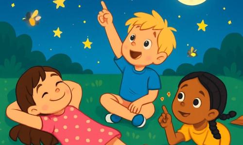Há 3 personagens: - Clara: uma menina de 5 anos com cabelos longos e castanhos, vestindo um vestido rosa com bolinhas brancas, deitada na grama com os braços atrás da cabeça, olhando para o céu estrelado com um grande sorriso. - Pedro: um menino de 5 anos com cabelos loiros bagunçados, vestido com uma camiseta azul e shorts bege, sentado de pernas cruzadas ao lado de Clara, com os olhos arregalados de admiração, apontando para uma estrela brilhante. - Luísa: uma menina de 5 anos com cabelos negros trançados, vestindo uma saia verde e uma camiseta amarela, deitada de barriga para baixo, com os cotovelos no chão, desenhando estrelas no ar com o dedo. O cenário é um jardim verdejante sob um céu noturno cheio de estrelas cintilantes. A lua cheia ilumina suavemente a paisagem, criando sombras suaves na grama. Flores coloridas embelezam o jardim, e vaga-lumes dançam ao redor das crianças, adicionando um toque mágico à cena. A situação principal mostra os três amigos deitados na grama, maravilhados com a beleza do céu noturno, compartilhando histórias imaginárias sobre as estrelas e a magia da noite, enquanto a luz da lua os envolve com um calor suave.