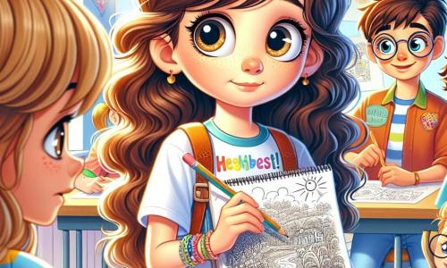 O fată de 12 ani, Ana, stă în centrul imaginii, având părul lung, ondulat și ochii strălucitori de curiozitate. Poartă un tricou colorat și o pereche de blugi, iar fața ei exprimă o ușoară anxietate, în timp ce ține un creion și un carnet de desen, privindu-și prietenii cu un zâmbet timid. În dreapta ei, Andrei, un băiat de 12 ani cu părul castaniu și ochelari rotunzi, o observă pe Ana cu un privire încurajatoare, ținând o foaie de hârtie pe care a desenat un peisaj frumos. În stânga ei, o prietenă de-a Anei, Mia, o fată de 11 ani cu părul blond și două codițe, îi arată cu mândrie propriul desen, având un zâmbet larg pe față. Scena se desfășoară într-o sală de clasă luminoasă, decorată cu desene colorate agățate pe pereți și cu feronerie care lasă să intre lumina soarelui, creând o atmosferă caldă și primitoare. Ana, nervoasă, se pregătește să-și dezvăluie desenul prietenilor, luptându-se cu ezitarea de a fi sinceră cu privire la munca ei, ceea ce ilustrează tema minciunii și adevărului în poveste.