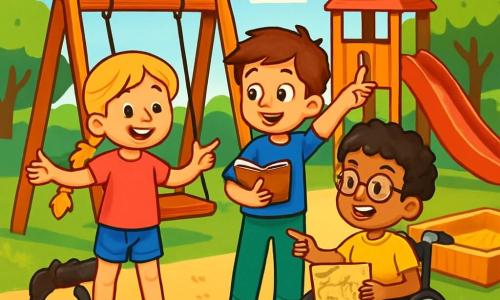 There are 3 characters: - Lucy: an 8-year-old girl with long braided blonde hair, wearing a pink t-shirt and denim shorts. She is standing, smiling, with her arms open, ready to welcome her new friend. - Sam: an 8-year-old boy with messy brown hair, wearing a blue t-shirt and green pants. He is next to Lucy, holding a book in one hand and pointing towards the playground. - Jake: an 8-year-old boy with curly black hair, sitting in a wheelchair. He is wearing a yellow t-shirt and glasses. He is joyfully smiling, with his hands on the armrests, looking at his new friends with enthusiasm. The setting is a colorful playground filled with brightly painted wooden play equipment, including swings, a red slide, and a golden sandbox. Lush green trees surround the playground, and the sky is bright blue with a few fluffy white clouds. The main scene shows Lucy, Sam, and Jake playing together, imagining they are pirates on a ship at sea. Lucy and Sam are on the swings, while Jake directs them from his wheelchair, holding a paper treasure map. They are laughing and having fun, creating a moment of joy and friendship.