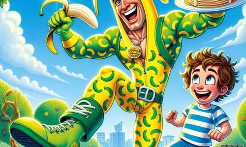 Een superheld, Blije Bananenman, staat in het midden van de afbeelding. Hij heeft een grote blije glimlach, gele bananenhaar en draagt een felgroen kostuum met bananenpatronen. Hij springt in de lucht met zijn voeten omhoog en lacht uit volle borst, terwijl er een grote banaan uit zijn hoofd komt. Naast hem lacht Grappige Pannenkoek, een jongen van ongeveer 8 jaar, met rommelig bruin haar, in een gestreept t-shirt en blauwe broek. Hij houdt een groot bord pannenkoeken vast dat hij in de lucht wil gooien. Op de achtergrond is er een zonnig park met weelderige groene bomen, kleurrijke bloemen en een blauwe lucht met donzige witte wolken. Kinderen spelen op schommels en glijbanen, wat een vrolijke sfeer toevoegt aan de scène. Blije Bananenman en Grappige Pannenkoek lachen samen, gooien pannenkoeken en bananen in de lucht, wat een explosie van kleuren en vreugde creëert, terwijl ketchupdruppels om hen heen vliegen, wat een komische toets aan het geheel toevoegt.