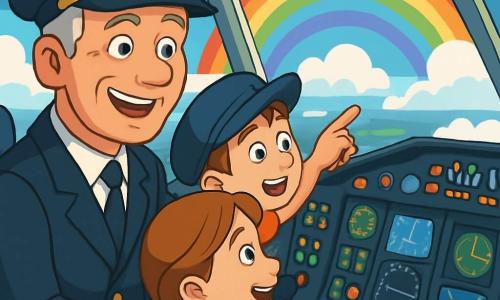 Ein lächelnder und begeisterter Pilot namens Herr Müller trägt einen marineblauen Pilotenanzug mit einer Mütze, die mit einem goldenen Abzeichen verziert ist. Seine grauen Haare sind gut frisiert, und seine Augen funkeln vor Freude, während er im Cockpit eines Flugzeugs steht, umgeben von leuchtenden Tasten und Instrumenten. Neben ihm sitzt ein 10-jähriger Junge, Max, mit einer zu großen Mütze und leuchtenden Augen vor Aufregung, der durch das Fenster auf einen wunderschönen Regenbogen zeigt, der am Himmel erscheint. Ein 9-jähriges Mädchen, Lisa, mit langen geflochtenen Haaren, sitzt neben ihm, die Hände auf den Armlehnen, und ihr Gesicht strahlt vor Freude über die spektakuläre Aussicht auf die Wolken darunter. Das Cockpit ist hell erleuchtet, mit bunten Kontrolltafeln und Bildschirmen, die Fluginformationen anzeigen. Draußen ist der Himmel strahlend blau und mit flauschigen weißen Wolken übersät, und darunter sind grüne Felder und glitzernde Flüsse zu sehen. Die Hauptsituation zeigt den magischen Moment, in dem das Flugzeug über einen Regenbogen fliegt, während die Kinder von der Schönheit der Landschaft begeistert sind und Herr Müller ihnen mit einem Lächeln die Wunder des Fliegens erklärt.
