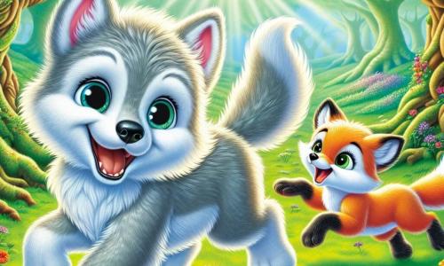Un pequeño lobo de pelaje plateado brilla bajo el sol, con grandes ojos azules llenos de curiosidad y alegría. Sonríe ampliamente mientras corre alegremente por un campo verde salpicado de flores coloridas, sus patas ligeras rozando el suelo. A su lado, un pequeño zorro de pelaje naranja brillante, con manchas negras y blancas, muestra una gran sonrisa, sus ojos brillando de felicidad y emoción. Corre en zigzag, con las orejas erguidas, sintiéndose finalmente aceptado en este grupo de amigos. El lugar es un claro encantado en el corazón de un bosque mágico, rodeado de grandes árboles con troncos nudosos y follaje denso, donde la luz del sol filtra a través de las ramas, creando patrones danzantes en el suelo. La situación principal muestra al lobo y al zorro corriendo juntos, celebrando su amistad naciente, mientras otros animales los observan con expresiones de asombro, dándose cuenta de que las diferencias no son un obstáculo para la amistad.
