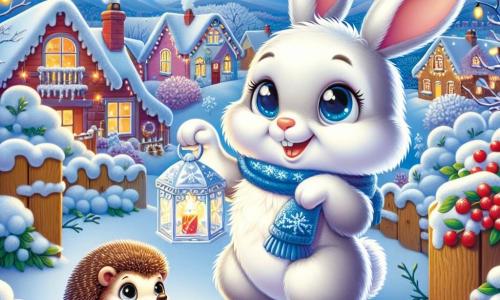 Un coniglietto bianco di nome Fiocco, con un pelliccia morbida come la neve e occhi pieni di curiosità, sta decorando il suo giardino per l'inverno. Sorride felice, tenendo una lanterna di ghiaccio tra le zampe anteriori, mentre un leggero fiocco di neve gli cade sul naso. Vicino a lui, un piccolo riccio, con il dorso spinoso e occhi tondi, osserva Fiocco con meraviglia, pronto ad aiutarlo a abbellire il giardino, accanto a un cespuglio di bacche rosse, mentre raccoglie foglie per il suo rifugio. Lo scenario è un incantevole villaggio innevato, con case dai tetti spioventi coperti di neve, alberi adornati con luci e un cielo azzurro chiaro punteggiato di nuvole bianche. La scena principale mostra Fiocco e il suo amico mentre preparano il giardino per la festa invernale, creando un'atmosfera gioiosa e festosa, piena di colori vivaci e magia invernale.