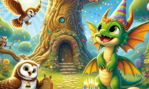 Flap, ein kleiner Drache mit schimmernden grünen und goldenen Schuppen, steht im Mittelpunkt der Szene, seine Augen strahlen vor Freude und ein großes Lächeln ziert sein Gesicht. Er trägt einen kleinen bunten Papierhut und hält einen Geburtstagskuchen mit brennenden Kerzen, bereit zum Ausblasen. Neben ihm fliegt Tilly, eine Eule mit weichen braunen Federn und großen runden Augen, fröhlich im Kreis um Flap, ihr Gesicht leuchtet vor Aufregung. Weiter weg steht Grox, ein kleiner Kobold mit spitzen Ohren und einem schelmischen Lächeln, der lachend seine magische Glocke hält, die im Sonnenlicht funkelt. Die Szene spielt in einer wunderschönen Lichtung, umgeben von majestätischen Bäumen mit lebhaften Blättern und bunten Blumen, die im Wind tanzen. In der Mitte erhebt sich ein großer alter Baum mit einer Rinde-Tür, die dem festlichen Ambiente ein Hauch von Geheimnis verleiht. Flap, umgeben von seinen Freunden, ist bereit, die Kerzen seines Geburtstagskuchens auszublasen, während alle seine Freunde sich um ihn versammeln, um diesen magischen und fröhlichen Moment zu feiern.