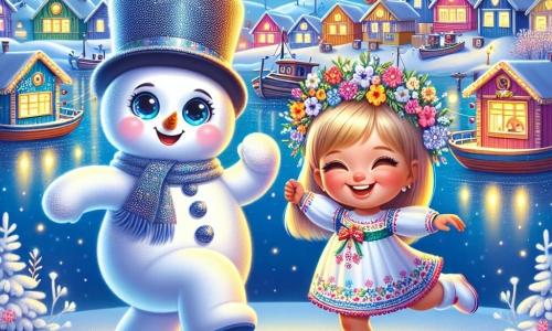 Ghiaccio, un piccolo pupazzo di neve con occhi blu scintillanti e un naso di carota, sta danzando felicemente sotto un cielo stellato, indossando un bel cappello di neve che brilla alla luce della luna. Accanto a lui, Lilla, una bambina con capelli biondi e guance rosa, sorride entusiasta, tenendo una ghirlanda di fiori colorati, pronta a festeggiare. Sullo sfondo, il villaggio di pescatori è illuminato da lanterne colorate, con case di legno dai colori vivaci, circondate da ampie distese di neve scintillante. La scena emana un'atmosfera festosa e magica, dove si percepiscono l'amicizia e la gioia di stare insieme.